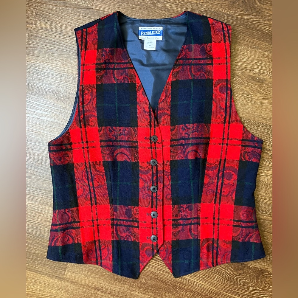 Vintage '90s Pendleton Petite 100% Wool Plaid and Paisley Vest Red Blue Medium